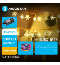Catena luminosa a basso voltaggio con luci a fiocco di neve 100 led 10mt - luce calda - 8 giochi di luce - IP44 interno/esterno Catena luminosa a basso voltaggio con luci a fiocco di neve 100 led 10mt - luce calda - 8 giochi di luce - IP44 interno/esterno