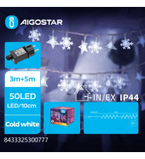 Catena luminosa a basso voltaggio con luci a fiocco di neve 50 led 5mt,luce fredda 6500K,8 giochi di luce,IP44 interno/esterno Catena luminosa a basso voltaggio con luci a fiocco di neve 50 led 5mt,luce fredda 6500K,8 giochi di luce,IP44 interno/esterno