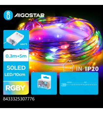 Catena luminosa a batteria 3AA con filo in rame e PVC 50 led 5mt - Rgby multicolor - IP20 da interno - on/off + lampeggio Catena luminosa a batteria 3AA con filo in rame e PVC 50 led 5mt - Rgby multicolor - IP20 da interno - on/off + lampeggio