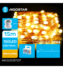 Catena luminosa a batteria 3AA con fili in rame 150 led 15mt - 2700K luce calda 8 modalità illuminazione IP44 interno/esterno Catena luminosa a batteria 3AA con fili in rame 150 led 15mt - 2700K luce calda 8 modalità illuminazione IP44 interno/esterno
