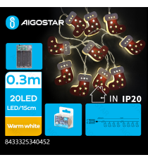 Catena luminosa a batteria 3AA con luci a calzini natalizi in legno 20 led 3mt - luce calda 3000K,IP20 da interno Catena luminosa a batteria 3AA con luci a calzini natalizi in legno 20 led 3mt - luce calda 3000K,IP20 da interno