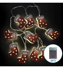 Catena luminosa a batteria 3AA con luci a calzini natalizi in legno 20 led 3mt - luce calda 3000K,IP20 da interno Catena luminosa a batteria 3AA con luci a calzini natalizi in legno 20 led 3mt - luce calda 3000K,IP20 da interno