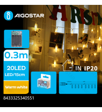 Catena luminosa a batteria 3AA con luci a molletta 20 led 3mt - luce calda 3000K,IP20 da interno Catena luminosa a batteria 3AA con luci a molletta 20 led 3mt - luce calda 3000K,IP20 da interno