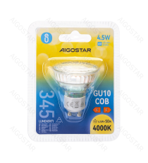 Faretto led in vetro GU10 COB 4.5W 345 lumen - 4000K luce naturale - lampadina misura D50xH53mm Equivalenza incandescente:50W Faretto led in vetro GU10 COB 4.5W 345 lumen - 4000K luce naturale - lampadina misura D50xH53mm Equivalenza incandescente:50W