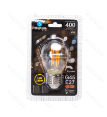 Lampadina a filamento LED dimmerabile G45 4W attacco E27 400 lumen - 2200K luce calda D45xH80mm Equivalenza incandescente 38W