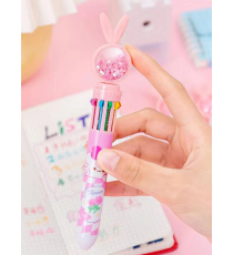 Penna a sfera multicolore, 10 colori, con simpatico cartone animato a tema coniglio con cuoricini glitterati, 17.5cm, rosa