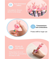 Penna a sfera multicolore, 10 colori, con simpatico cartone animato a tema coniglio con cuoricini glitterati, 17.5cm, rosa