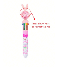 Penna a sfera multicolore, 10 colori, con simpatico cartone animato a tema coniglio con cuoricini glitterati, 17.5cm, rosa