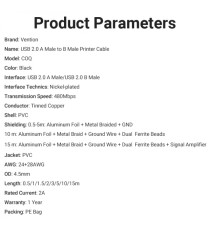 Cavo usb per stampante 1mt Vention COQBF USB-A 2.0 maschio a USB-B maschio fino a 480 Mbs nero, Corrente supportata 2A Cavo usb per stampante 1mt Vention COQBF USB-A 2.0 maschio a USB-B maschio fino a 480 Mbs nero, Corrente supportata 2A