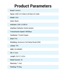 Cavo usb per stampante 2mt Vention CQUBH USB-C 2.0 maschio a USB-B maschio fino a 480 Mbs nero, Corrente supportata 2A