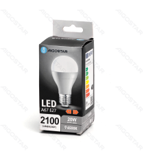 LAMPADINA LED A5 A67 20W ATTACCO E27 2100 LUMEN COLOR BOX 6400K LUCE FREDDA MISURA D67H128mm EQUIVALE 131W INCANDESCENZA LAMPADINA LED A5 A67 20W ATTACCO E27 2100 LUMEN COLOR BOX 6400K LUCE FREDDA MISURA D67H128mm EQUIVALE 131W INCANDESCENZA