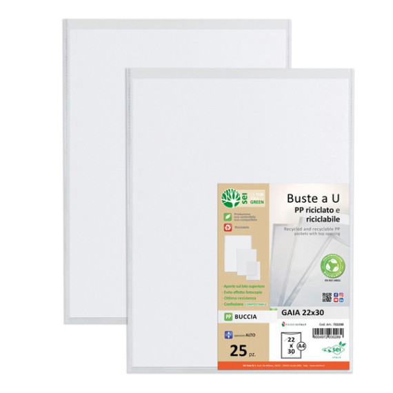 Buste a sacco Gaia - PP riciclato - 22 x 30 cm - buccia - trasparente - Sei rota - conf. 25 pezzi Buste a sacco Gaia - PP riciclato - 22 x 30 cm - buccia - trasparente - Sei rota - conf. 25 pezzi