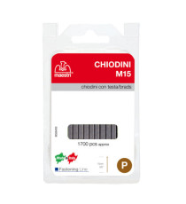 Chiodini M15 per fissatrici - con testa - 15 mm - acciaio - Romeo Maestri - conf. 1700 pezzi Chiodini M15 per fissatrici - con testa - 15 mm - acciaio - Romeo Maestri - conf. 1700 pezzi