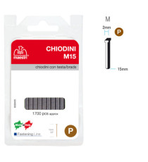 Chiodini M15 per fissatrici - con testa - 15 mm - acciaio - Romeo Maestri - conf. 1700 pezzi Chiodini M15 per fissatrici - con testa - 15 mm - acciaio - Romeo Maestri - conf. 1700 pezzi