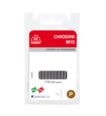 Chiodini M15 per fissatrici - con testa - 15 mm - acciaio - Romeo Maestri - conf. 1700 pezzi Chiodini M15 per fissatrici - con testa - 15 mm - acciaio - Romeo Maestri - conf. 1700 pezzi