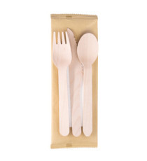 Tris posate monouso - con tovagliolo - 16 cm - legno - Signor Bio - conf. 100 pezzi Tris posate monouso - con tovagliolo - 16 cm - legno - Signor Bio - conf. 100 pezzi