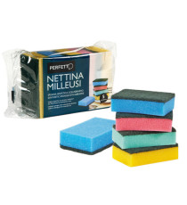 Spugna nettina Milleusi - 11x6,5x3 cm - doppio strato - colori assortiti - Perfetto - conf. 5 pezzi Spugna nettina Milleusi - 11x6,5x3 cm - doppio strato - colori assortiti - Perfetto - conf. 5 pezzi
