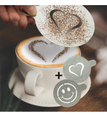 Stencil per caffè - 10 x 12,4 x 0,1 cm - forma cuore e smile - Securit - set 2 pezzi Stencil per caffè - 10 x 12,4 x 0,1 cm - forma cuore e smile - Securit - set 2 pezzi