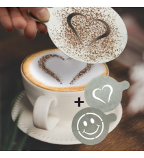 Stencil per caffè - 10 x 12,4 x 0,1 cm - forma cuore e smile - Securit - set 2 pezzi