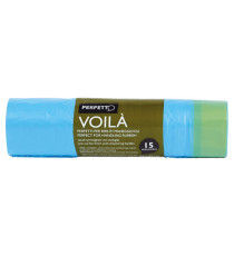 Sacchi per rifiuti con maniglie Voilà - 50x60 cm - 30 L - 15 micron - azzurro - Perfetto - rotolo da 15 sacchetti Sacchi per rifiuti con maniglie Voilà - 50x60 cm - 30 L - 15 micron - azzurro - Perfetto - rotolo da 15 sacchetti