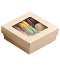 Scatola da asporto - con finestra trasparente - 14 x 14 x 5 cm - carta kraft/PE - avana - Leone - conf. 25 pezzi Scatola da asporto - con finestra trasparente - 14 x 14 x 5 cm - carta kraft/PE - avana - Leone - conf. 25 pezzi