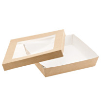 Scatola da asporto - con finestra trasparente - 18 x 18 x 5 cm - carta kraft/PE - avana - Leone - conf. 20 pezzi Scatola da asporto - con finestra trasparente - 18 x 18 x 5 cm - carta kraft/PE - avana - Leone - conf. 20 pezzi
