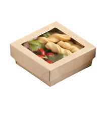 Scatola da asporto - con finestra trasparente - 18 x 18 x 5 cm - carta kraft/PE - avana - Leone - conf. 20 pezzi