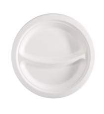 Piatto piano a 2 scomparti monouso - rotondo - diametro 23 cm - canna da zucchero - bianco - Signor Bio - conf. 50 pezzi Piatto piano a 2 scomparti monouso - rotondo - diametro 23 cm - canna da zucchero - bianco - Signor Bio - conf. 50 pezzi