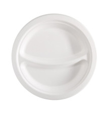 Piatto piano a 2 scomparti monouso - rotondo - diametro 23 cm - canna da zucchero - bianco - Signor Bio - conf. 50 pezzi Piatto piano a 2 scomparti monouso - rotondo - diametro 23 cm - canna da zucchero - bianco - Signor Bio - conf. 50 pezzi