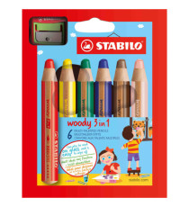 Pastelli Woody 3 in 1 - diametro mina 10 mm - con temperino - Stabilo - astuccio 6 pezzi Pastelli Woody 3 in 1 - diametro mina 10 mm - con temperino - Stabilo - astuccio 6 pezzi
