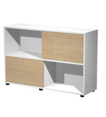 Libreria bassa Tetris a 2 ripiani ante scorrevoli - 120x35x79 cm - bianco/rovere
