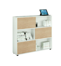 Libreria bassa Tetris a 3 ripiani ante scorrevoli - 120x35x116 cm - bianco/rovere