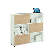 Libreria bassa Tetris a 3 ripiani ante scorrevoli - 120x35x116 cm - bianco/rovere