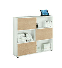 Libreria bassa Tetris a 3 ripiani ante scorrevoli - 120x35x116 cm - bianco/rovere