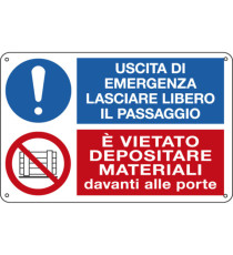 Cartello segnalatore multisimbolo - 30x20 cm - USCITA DI EMERGENZA…/E' VIETATO DEPOSITARE… - alluminio - Cartelli Se