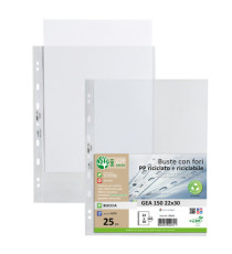 Buste forate Gea 150 - PP riciclato - buccia pesante - 22 x 30 cm - Sei rota - conf. 25 pezzi Buste forate Gea 150 - PP riciclato - buccia pesante - 22 x 30 cm - Sei rota - conf. 25 pezzi