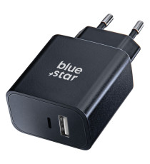Caricabatterie da muro 2 porte USB-C e USB-A 3A Blue Star 25W PD nero type-c caricatore QC 4.0 Quick Charge 4.0 Adaptive Fast Caricabatterie da muro 2 porte USB-C e USB-A 3A Blue Star 25W PD nero type-c caricatore QC 4.0 Quick Charge 4.0 Adaptive Fast