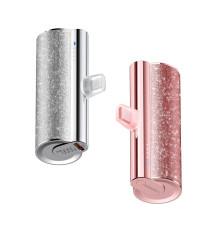 Power bank compatto Veger W0573P rosa glitterato con connettore lightning integrato 5000mAh PD QC3.0 2.4A 12W ricarica rapida Power bank compatto Veger W0573P rosa glitterato con connettore lightning integrato 5000mAh PD QC3.0 2.4A 12W ricarica rapida