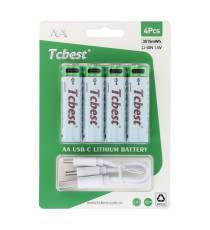 Batterie ricaricabili con presa type-c Tcbest 4pz stilo R6 (AA) 950 mAh cavo usb-a con 2 type-C,basta un cavo per ricaricarle