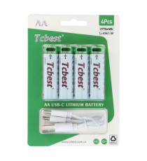 Batterie ricaricabili con presa type-c Tcbest 4pz stilo R6 (AA) 750 mAh cavo usb-a con 2 type-C,basta un cavo per ricaricarle
