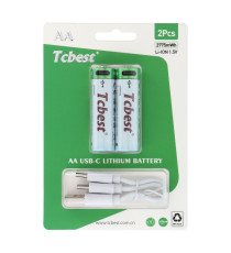 Batterie ricaricabili con presa type-c Tcbest 2pz stilo R6 (AA) 750 mAh cavo usb-a con 2 type-C,basta un cavo per ricaricarle
