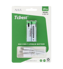 Batterie ricaricabili con presa type-c Tcbest 2pz mini stilo R3 (AAA) 220 mAh usb-a con 2 type-C,basta un cavo per ricaricarle