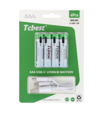 Batterie ricaricabili con presa type-c Tcbest 4pz mini stilo R3 (AAA) 220 mAh usb-a con 2 type-C,basta un cavo per ricaricarle