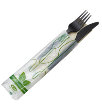 Bis coltello e forchetta - CPLA - con tovagliolo - bianco - Leone - conf. 250 pezzi Bis coltello e forchetta - CPLA - con tovagliolo - bianco - Leone - conf. 250 pezzi
