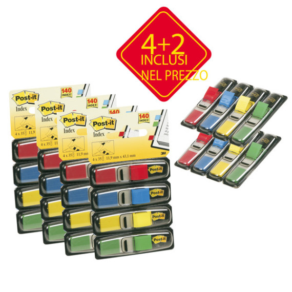 Segnapagina Post-it Index Mini - 683-6 - 4 colori classici - Value Pack 4+2 (blister da 140 segnapagina ciascuno) - Post