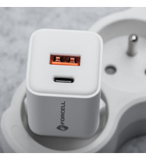 Caricabatterie da muro USB-A e USB-C type-c 35W 3A Forcell F-Energy Mini GaN III VT-35C bianco caricatore PD e Quick Charge 4.0