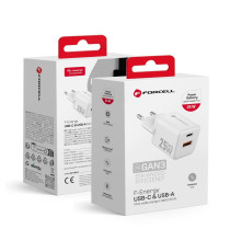 Caricabatterie da muro USB-A e USB-C type-c 25W 3A Forcell F-Energy Mini GaN III VT-25B bianco caricatore PD e Quick Charge 4.0