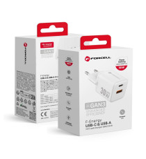 Caricabatterie da muro USB-A e USB-C type-c 30W 3A Forcell F-Energy Mini GaN III VT-35 bianco caricatore PD e Quick Charge 4.0