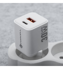 Caricabatterie da muro USB-A e USB-C type-c 30W 3A Forcell F-Energy Mini GaN III VT-35 bianco caricatore PD e Quick Charge 4.0