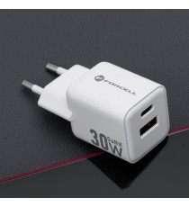Caricabatterie da muro USB-A e USB-C type-c 30W 3A Forcell F-Energy Mini GaN III VT-35 bianco caricatore PD e Quick Charge 4.0
